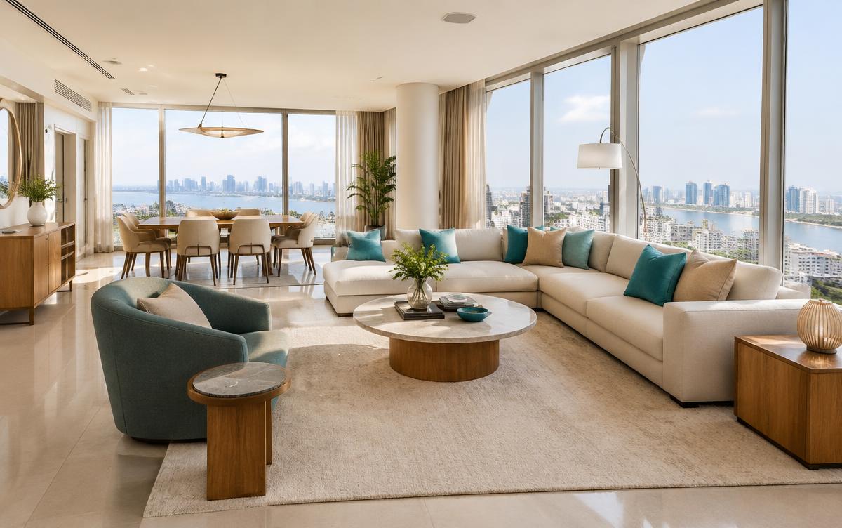 Intérieur d'appartement moderne à Abidjan — baies vitrées et mobilier minimal